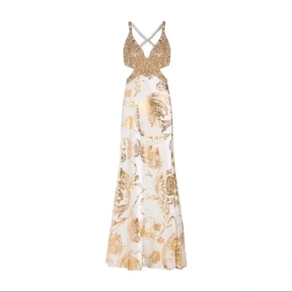 Mac Duggal Couture prom/pageant gown W/a Gold Foil Floral Print & Beaded Bodice